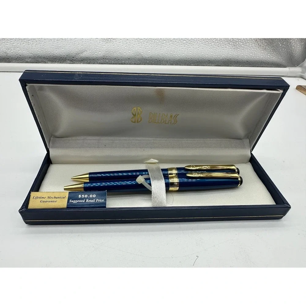 Bill Blass Manhattan Pen and Pencil Set Blue Gold Tone Vintage 231-2 Boxed